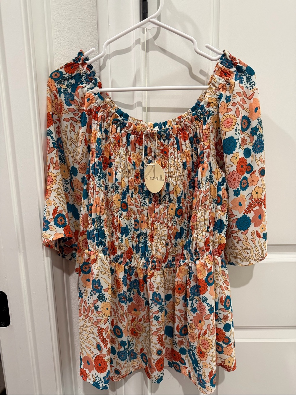 Chenault Multicolor Floral Peasant Top - Teal, Rust, Peach